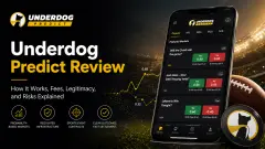 Smartphone displaying a sports prediction market interface with probability-based contracts, set against a stadium background with financial-style charts and analytics overlays